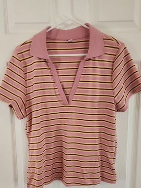 Old Navy Pink Striped Polo V-Neck Tee with Yellow and Purple Accents